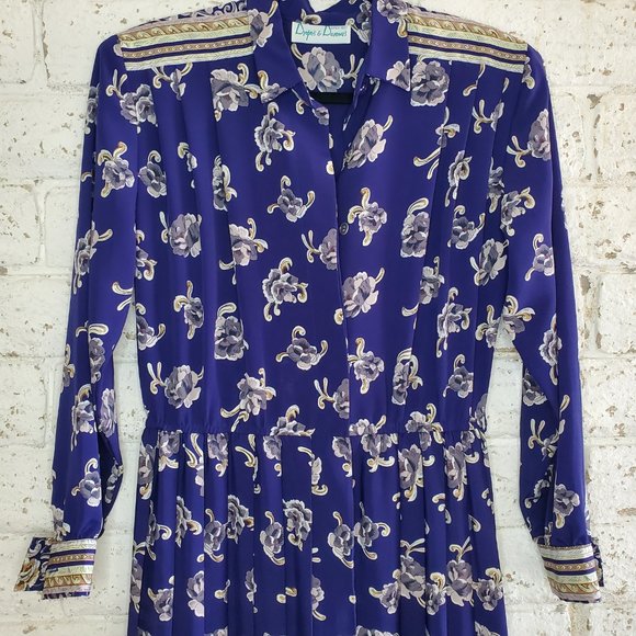 VINTAGE DRAPERS & DAMONS Cottage Core Blue FLORAL Pleated DRESS Long Sleeve SZ M - Picture 3 of 16